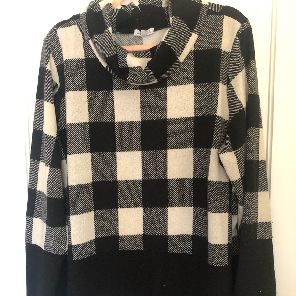 Black and white plaid cowl neck top